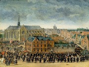 Gravure Ommegang de Bruxelles en 1615- Antoon Stallaert-31 Mai 1615 Infante Isabelle tire oiseau du grand serment avec une arbal&egrave;te au Sablon