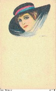 (T&ecirc;te de femme au chapeau noir avec une bande bleue et rouge)