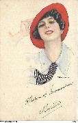 (T&ecirc;te de femme au chapeau rouge et &agrave; la cravate ray&eacute;e)