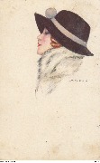 (T&ecirc;te de femme au chapeau marron et au col de fourrure blanche)