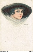 (T&ecirc;te de femme au chapeau noir tenu par un voile blanc)