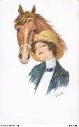 (femme en vert appuy&eacute;e &agrave; la t&ecirc;te d'un cheval)
