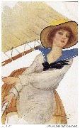 (Jeune femme &agrave; la barre d'un petit voilier)