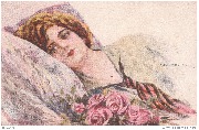 (femme la t&ecirc;te appuy&eacute;e sur un coussin, tenant des roses)
