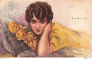 (femme en bleu appuy&eacute;e sur des coussins)