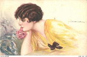 (Femme en jaune appuy&eacute;e &agrave; un coussin et tenant une rose)
