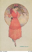 (Femme en rouge devant un d&eacute;cor dans un cercle)