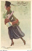 Bonne Année (Sous la neige, femme avec des cadeaux et du gui)