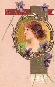 (T&ecirc;te de femme dans un m&eacute;daillon fleuri avec bandeau vertical et un horizontal rouge avec coeurs dor&eacute;)