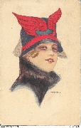 Femme au chapeau &agrave; voilette orn&eacute; de 2 ailes rouges