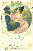 Vals Saint-Jean.Femme brune face à une eau de source