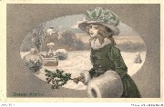 Bonne Année(Jeune fille au chapeau vert dans un décor de neige-studio?) 