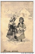 Paysage d'hiver-Deux jeunes filles et chien dans un panier