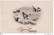 Bonne Ann&eacute;e(trois oiseaux dans un m&eacute;daillon,paysage enneig&eacute;)