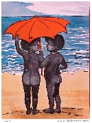 (deux enfants noirs à la plage sous une ombrelle rouge) 