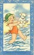 Jeune baigneuse menant à bout de bras son chien blanc à la mer