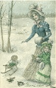 Bonne année. (Femme et fillette nourrissant oiseaux sous la neige)