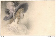 Femme au grand chapeau orn&eacute; d'un noeud en ruban rose