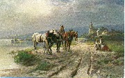 (Chevaux de labour au repos,paysan et son fils assis sur un tronc d'arbre,village et lac