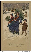 Heureuse Année (femme sous un parapluie dans la neige avec deux enfants)