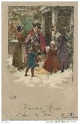 Heureuse Année (groupe d'enfants devant une dame, l'un d'eux jouant de la flute)