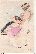 Femme avec ombrelle devant une grand moule avec chapeau de paille