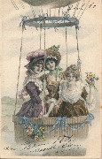 Trois femmes dans un ballon l'une lançant des fleurs à droite