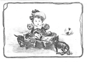 Xavier Sager. Fillette, poup&eacute;e et deux chatons
