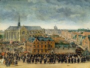 Gravure Ommegang de Bruxelles en 1615- Antoon Stallaert-31 Mai 1615 Infante Isabelle tire oiseau du grand serment avec une arbalète au Sablon