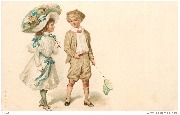 Fillette &agrave; l'ombrelle et garcon au filet &agrave; papillon