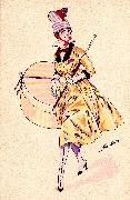 Belle &agrave; la robe jaune et chapeau haut marchant avec boite &agrave; chapeau accroch&eacute; au bras