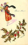 Bonne ann&eacute;e. Branche de gui. En manteau rouge et grande &eacute;charpe