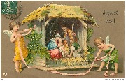 Joyeux No&euml;l (2 anges d&eacute;corant une cr&egrave;che)