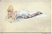 Femme &eacute;tendue en d&eacute;shabill&eacute;, fumant une cigarette