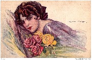 (Femme en mauve appuyée sur un oreiller, tenant un bouquet de roses jaunes et rouges)
