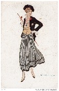 (El&eacute;gante en veste noire et jupe grise &agrave; rayures noires)