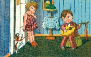 Il joue du luth et elle l'&eacute;couteen coin&ccedil;ant la queue du chien dans la porte