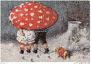 (2 enfants marchant dans la neige abrit&eacute;s par un grand chapeau de champignon)