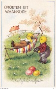 Groeten uit Waanrode Vrolijk Paasfeest(poussin dans un hamac et téléphone)