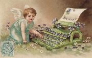 (Angelot tapant &agrave; la machine &agrave; &eacute;crire Anniversaire avec Myosotis)