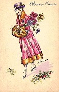 Elle marche les mains dans un manchon et bouquet au bras