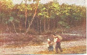 Couple de paysans marchant en bordure de for&ecirc;t