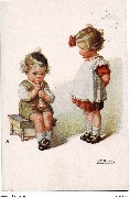 (Gar&ccedil;onnet jouant de la trompette et fillette &eacute;coutant)