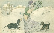 Bonne Ann&eacute;e (Femme avec gui et cochon tiraill&eacute;e par deux chiens dont un basset)  