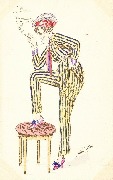 Femme fumant en pyjama ray&eacute; jaune avec un pied sur un tabouret