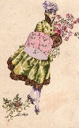 Elle marche avec un bouquet de roses et une boite &agrave; chapeau. Bonne ann&eacute;e