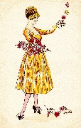 Femme en robe jaune avec bouquet de rose pr&eacute;sentant une fleur &agrave; un papillon