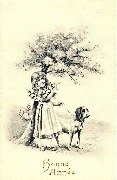Bonne Ann&eacute;e ( fillette tenant un chien en laisse d&eacute;cor fleuri)
