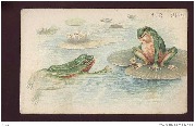 Grenouille assise sur un n&eacute;nuphar causant &agrave; une autre dans l'eau