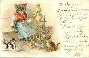 Chatte humanis&eacute;e avec rouet et trois chatons